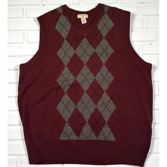 Dockers Sweater Mens L Maroon Argyle Diamond V Neck Preppy Dark Academia - Picture 1 of 8